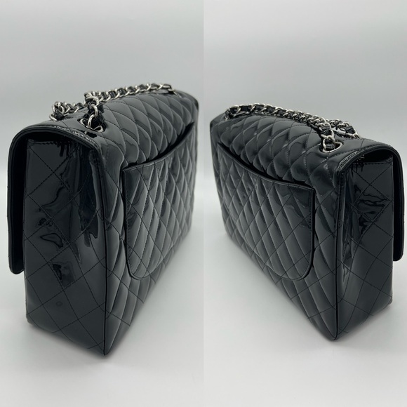 Authentic Chanel Classic Glossy shimmery black Patent leather Maxi single flap - Picture 8 of 17